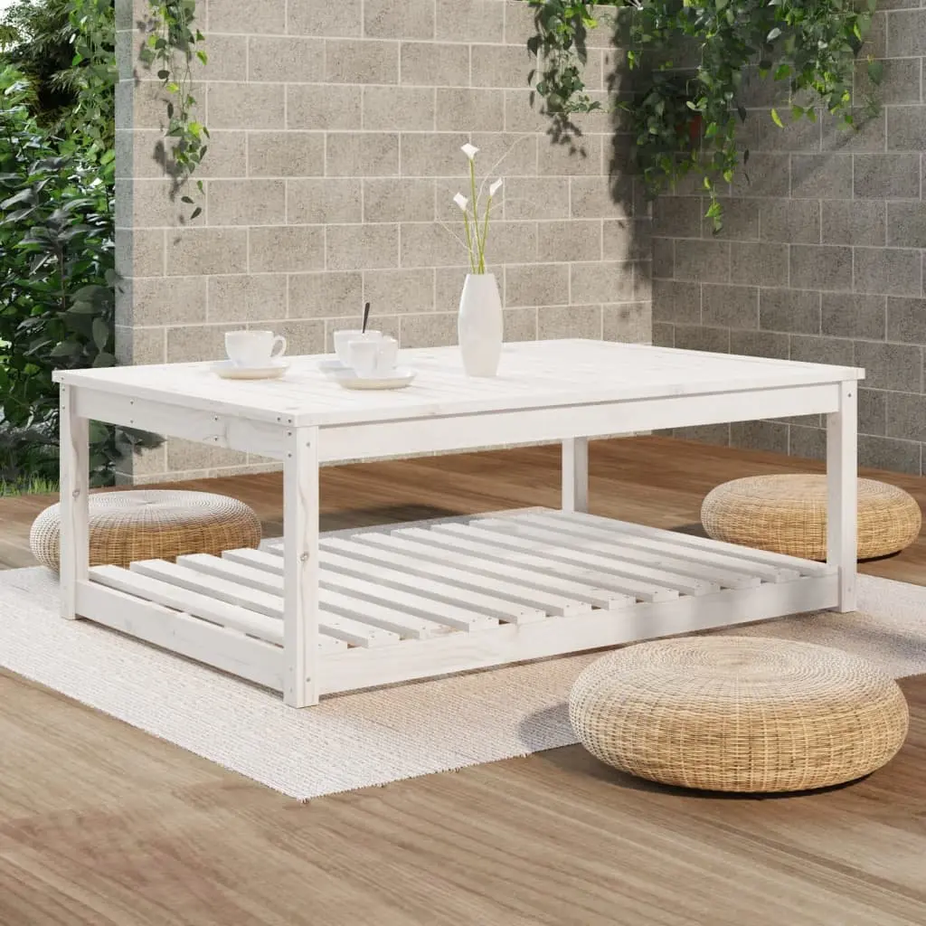 Outdoor Table Solid Pine Wood White Patio Furniture with Storage Shelf 121x82.5x45cm
