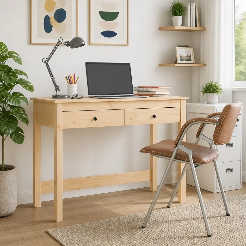 Pine Wood Desk Rustic Finish 100x50x78 cm Brown with 2 Storage Drawers for Home Office or Study Use
