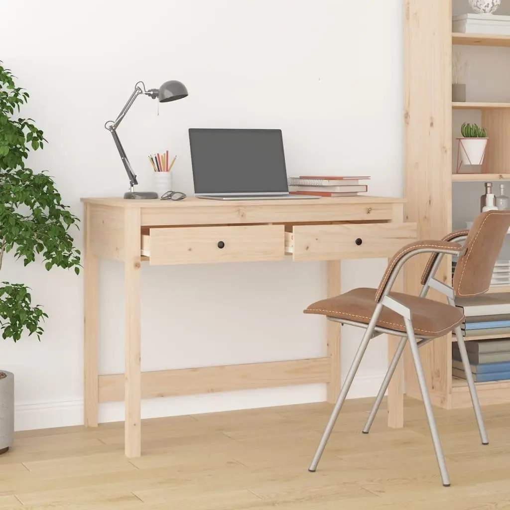 Pine Wood Desk Rustic Finish 100x50x78 cm Brown with 2 Storage Drawers for Home Office or Study Use