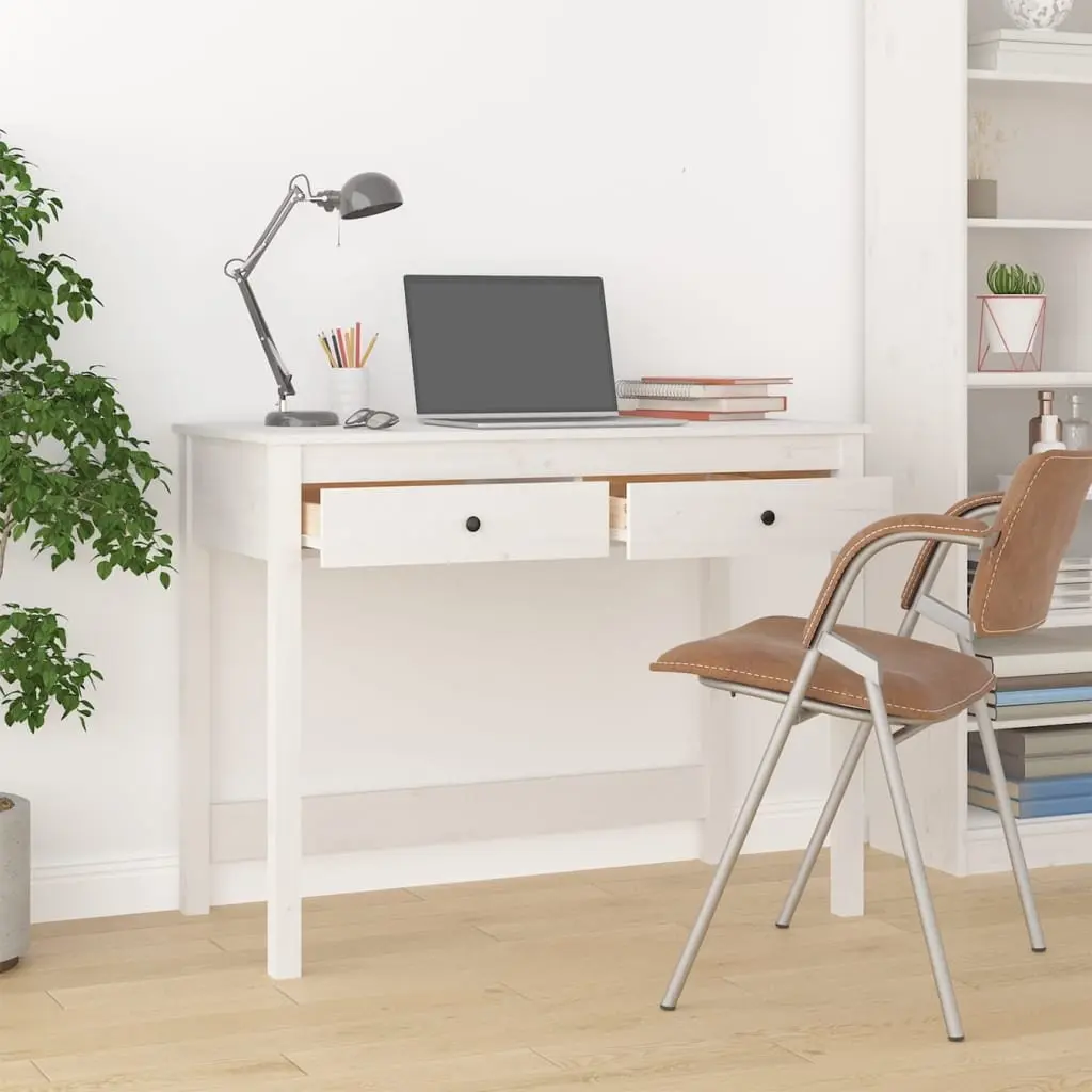 Solid Wood Pine Desk with Drawers White Office Study Computer Furniture