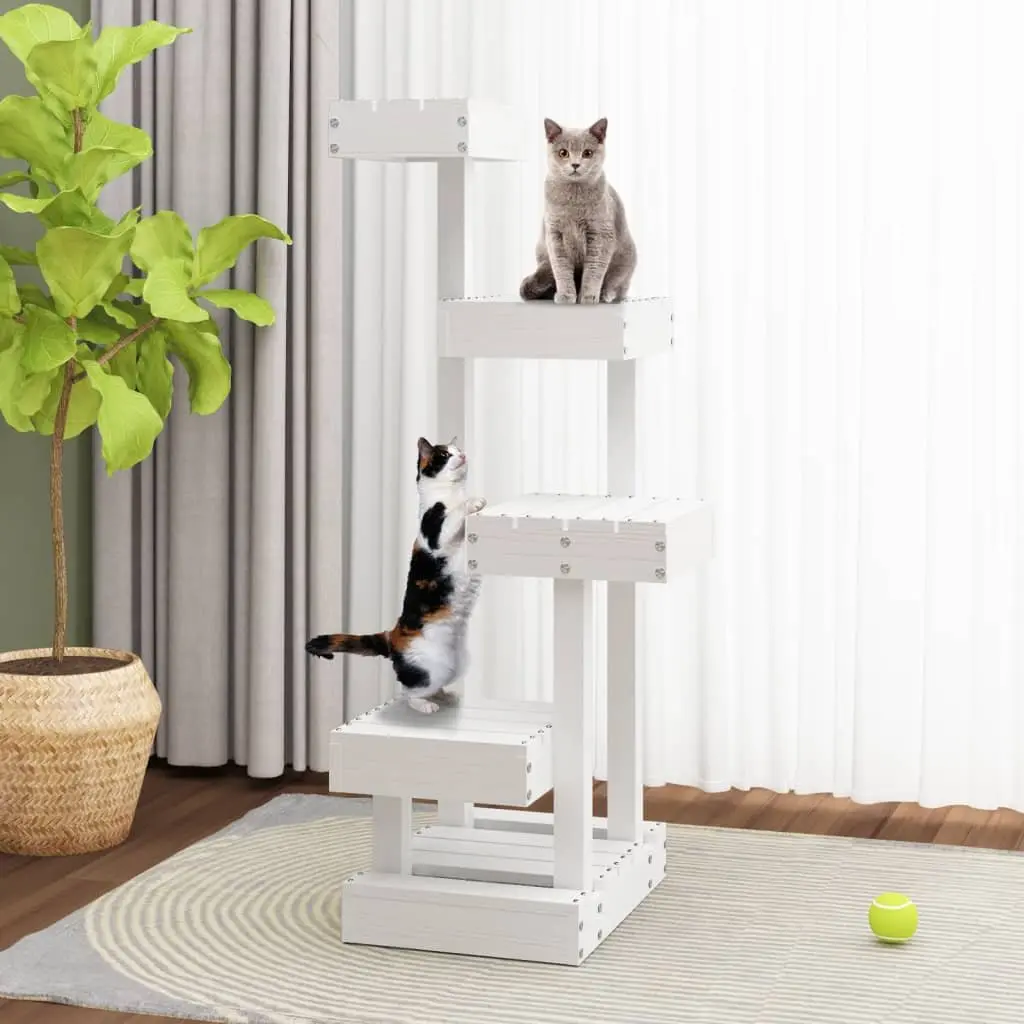 Cat Tree Solid Pine Wood Multi-Level 4 Platform White