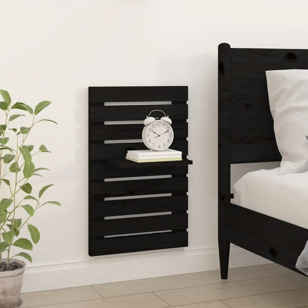 2 Piece Wall-Mounted Shelves Black Solid Pine Wood Storage Display