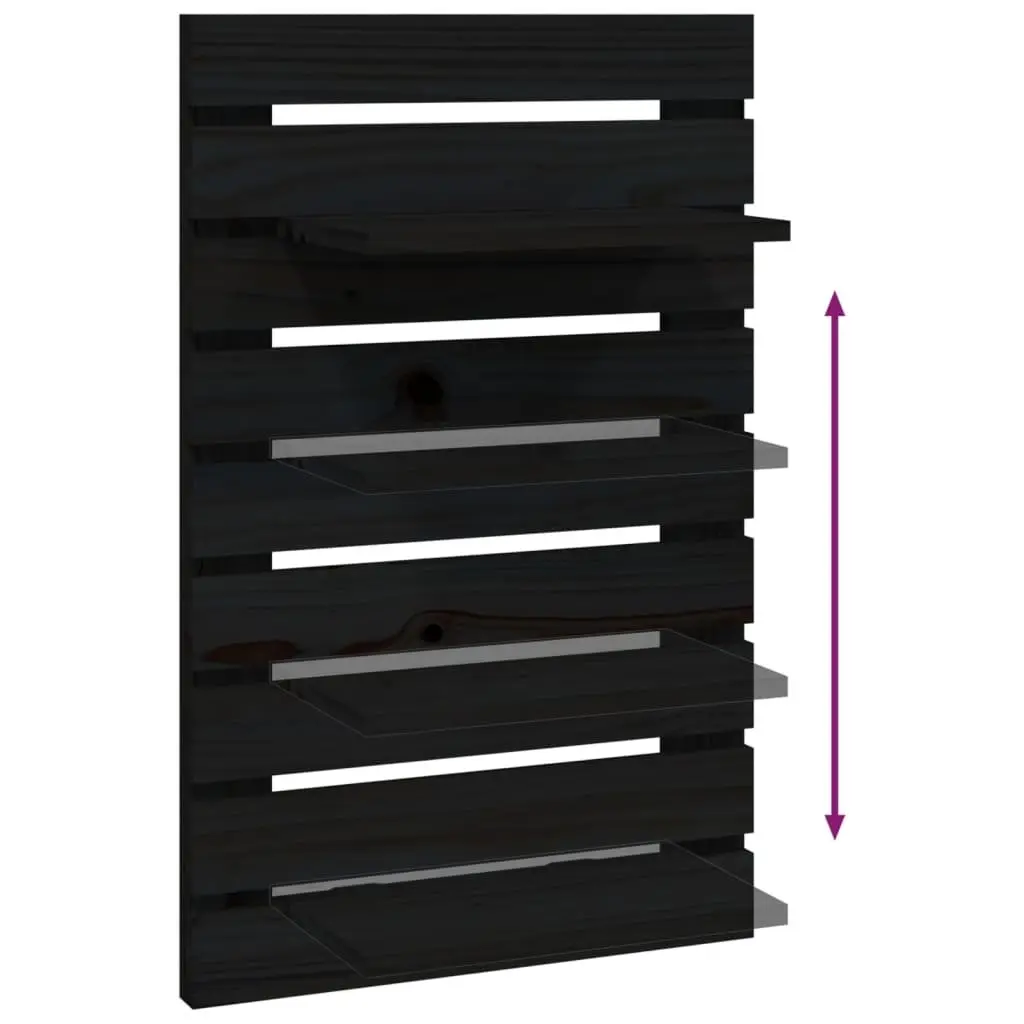 2 Piece Wall-Mounted Shelves Black Solid Pine Wood Storage Display