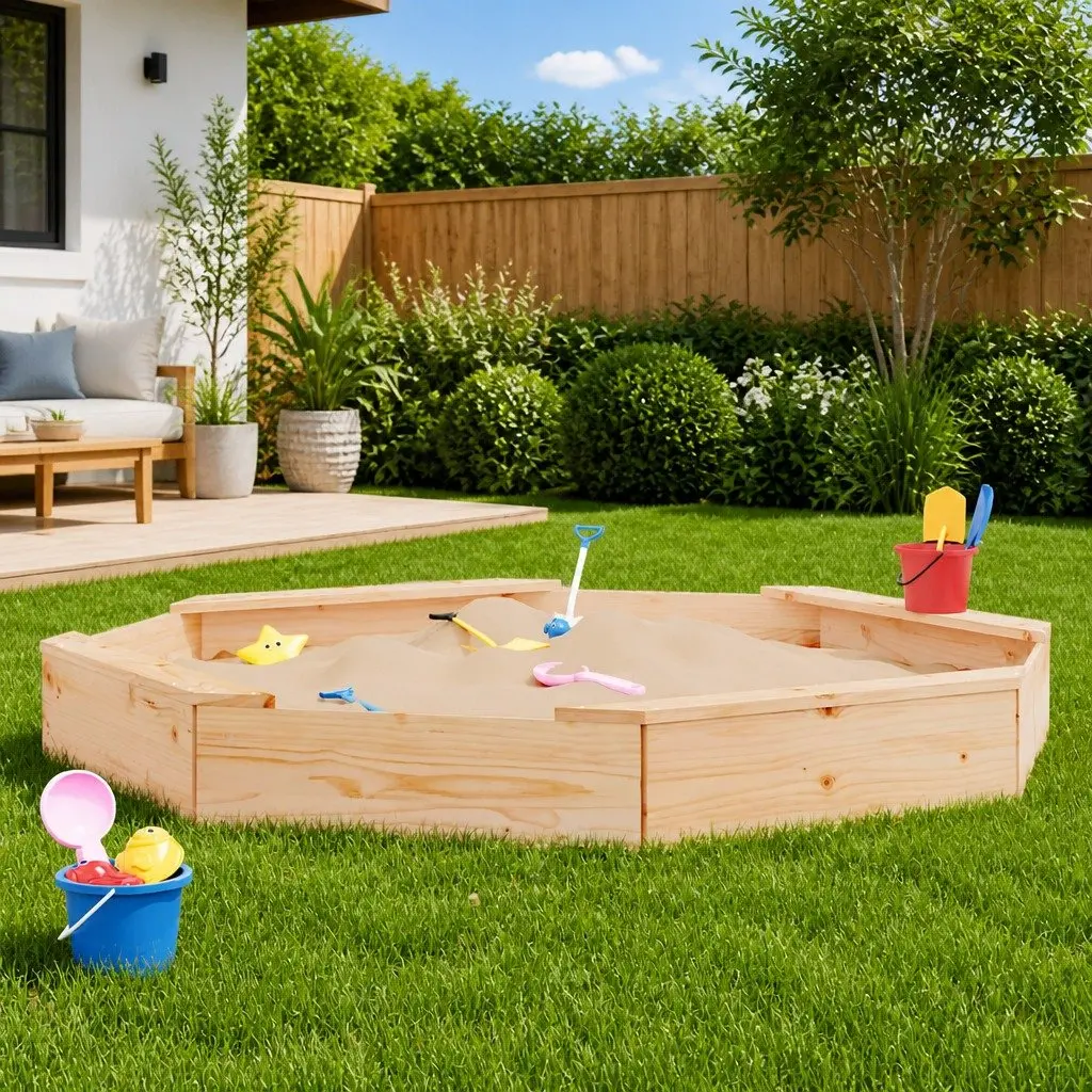 Octagon Sandbox Brown Solid Pine Wood Outdoor Play Equipment with Integrated Seating for Kids