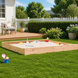 Wooden Sandbox with Seats Square Solid Pine Wood Outdoor Play Equipment Children