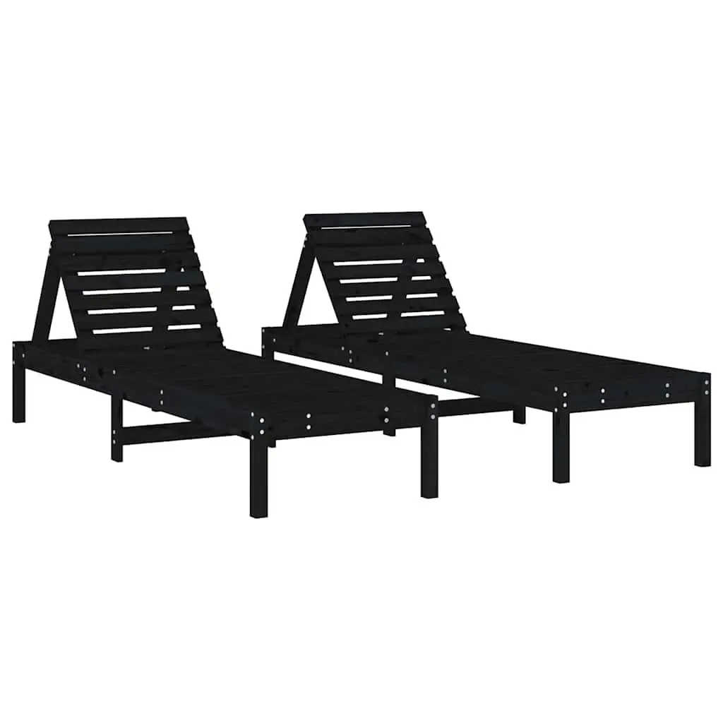 Sun Loungers Black Solid Pine Wood Adjustable Backrest Pair Outdoor Garden Patio Reclining Chairs