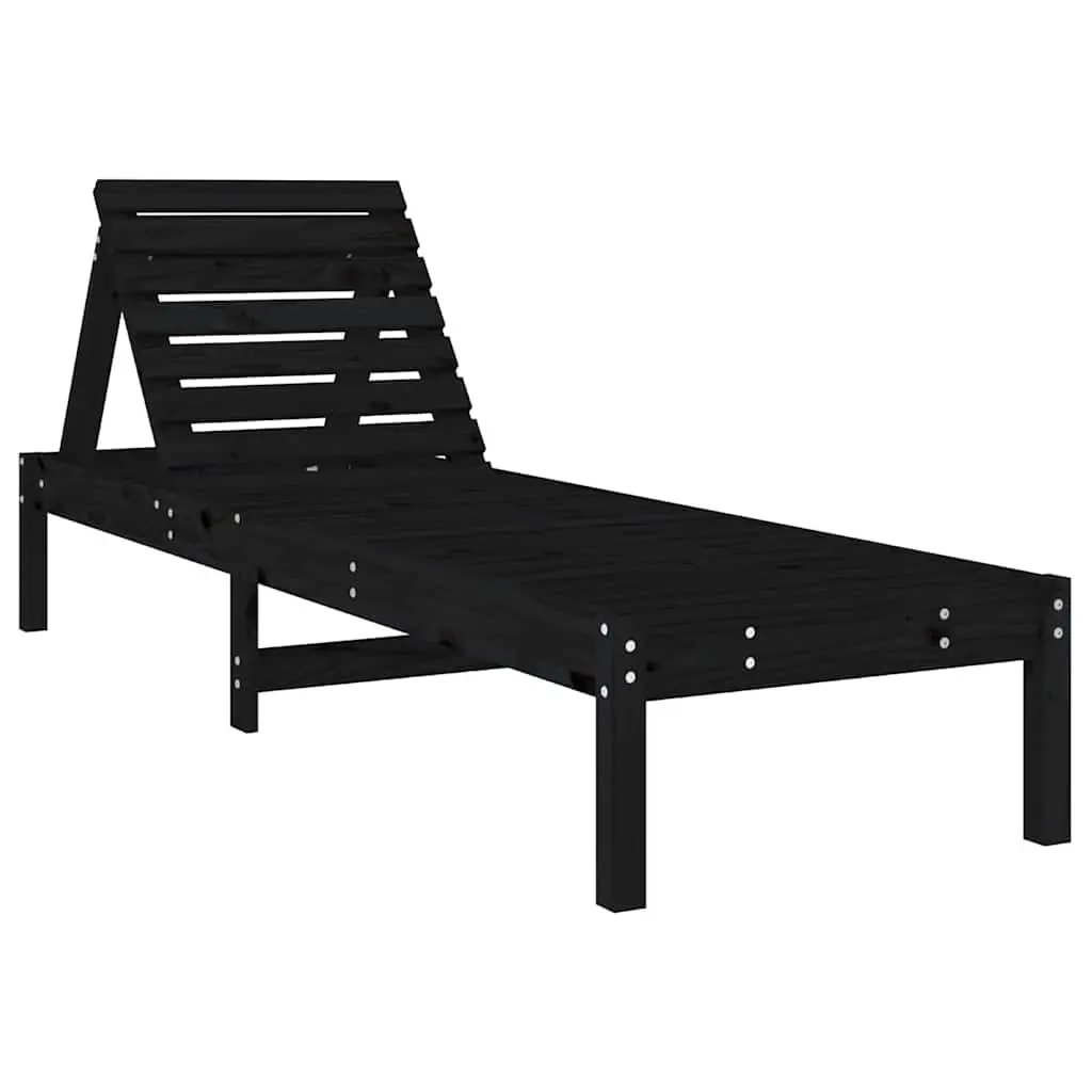 Sun Loungers Black Solid Pine Wood Adjustable Backrest Pair Outdoor Garden Patio Reclining Chairs