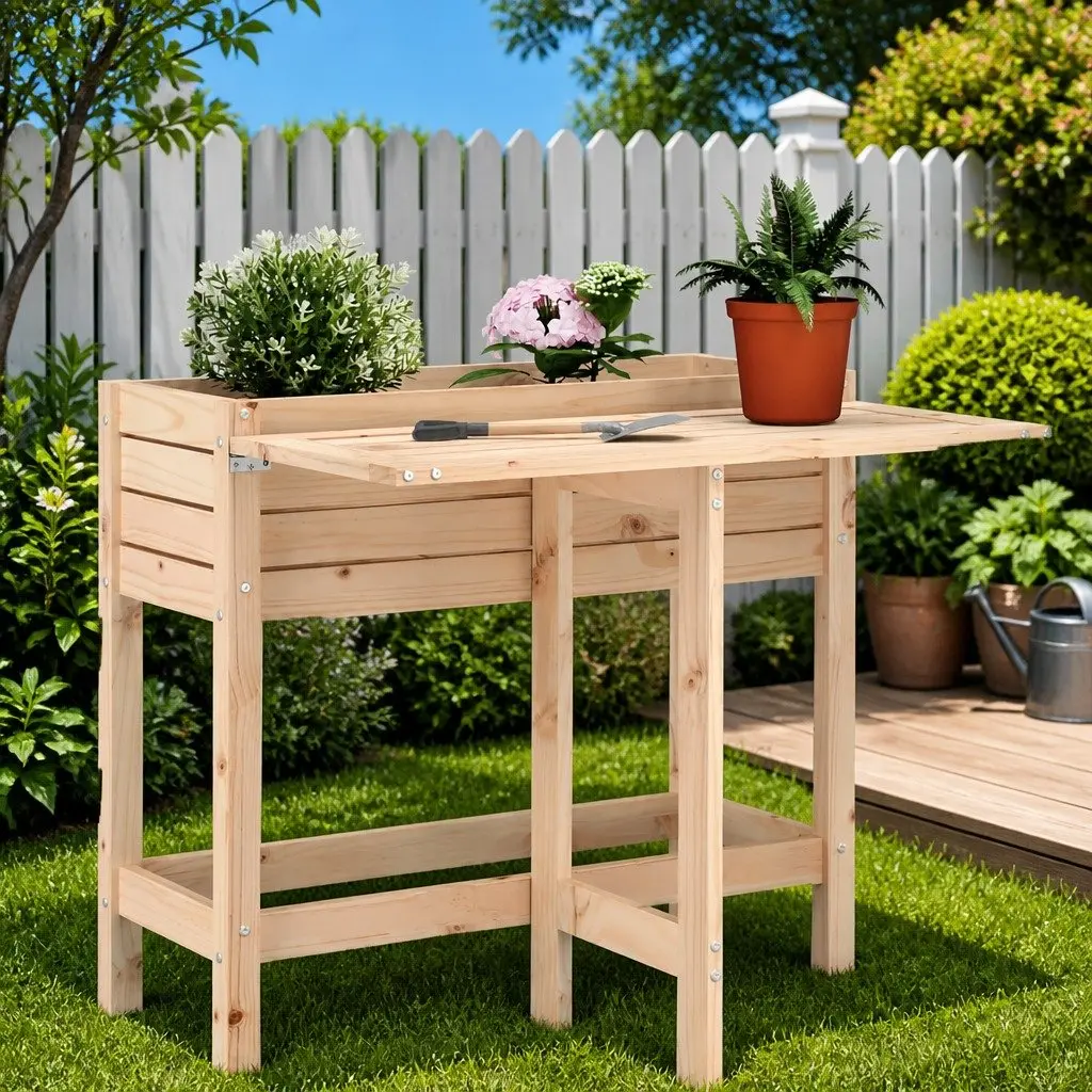 Garden Planter Solid Pine Wood Elevated Brown Folding Tabletop
