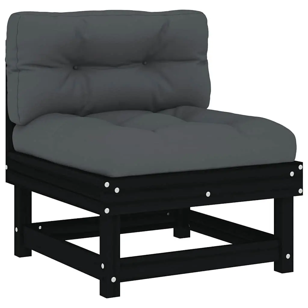 Middle Sofa Sectional Solid Pine Wood Black with Cushions