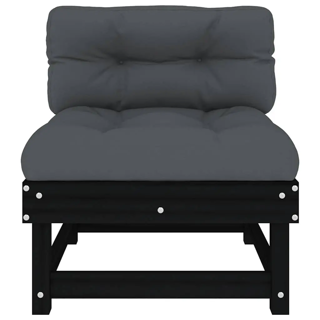 Middle Sofa Sectional Solid Pine Wood Black with Cushions