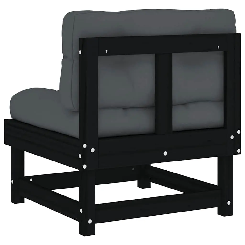 Middle Sofa Sectional Solid Pine Wood Black with Cushions