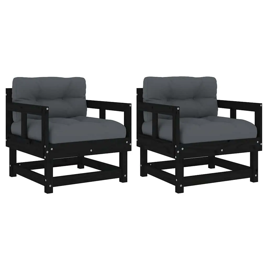 Garden Chairs Solid Pine Wood Black 2 pcs Outdoor Seating with Cushions