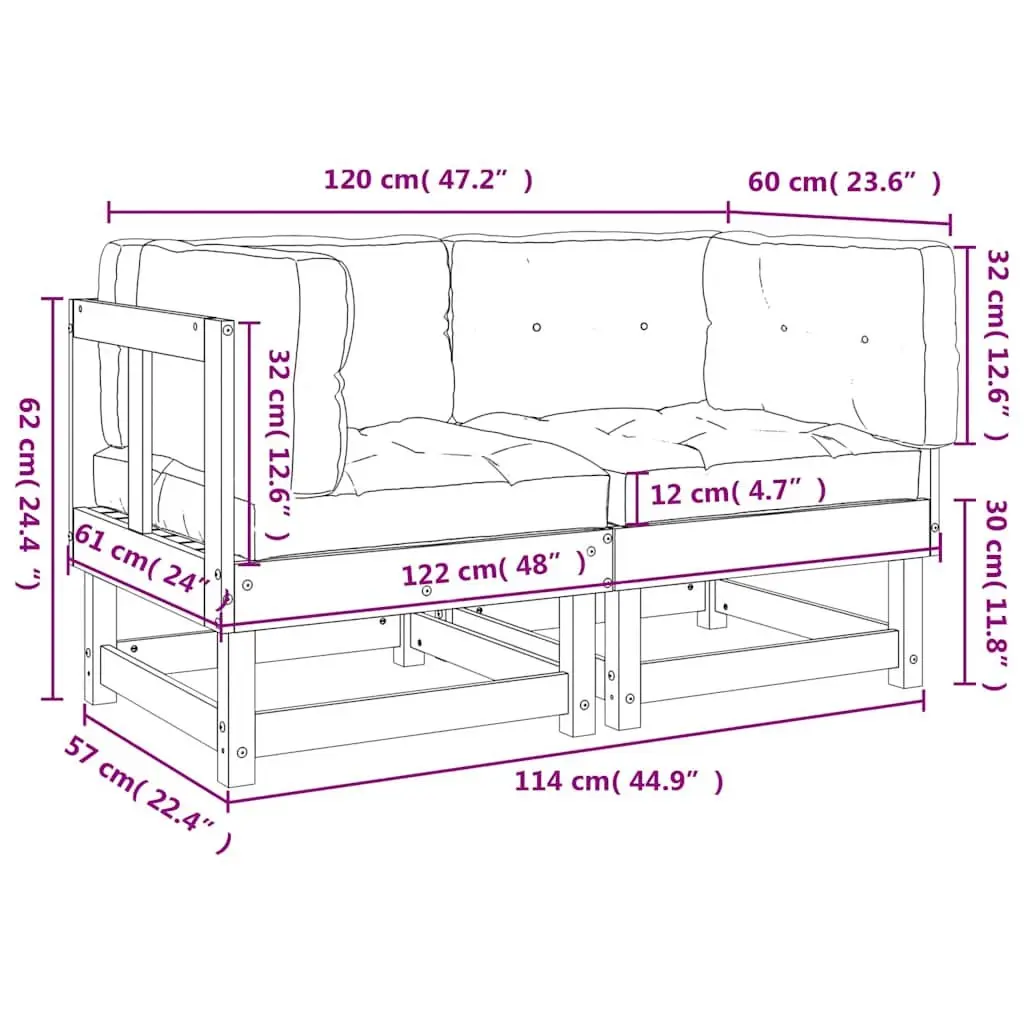 Corner Sectional Sofa Solid Pine Wood 2 Piece Outdoor Seating with Cushions Brown