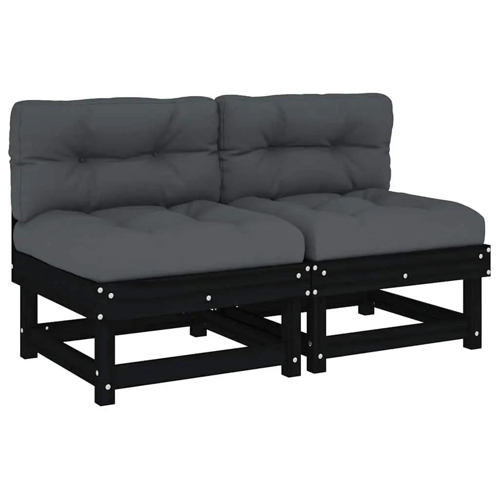 Outdoor Middle Sofas with Cushions 2pcs Black Solid Wood Pine Sectional Modular
