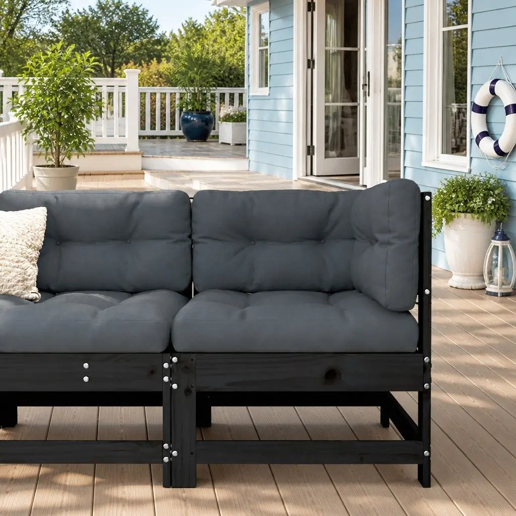 Corner Sofa Solid Pine Wood Modular Sectional Black with Cushions