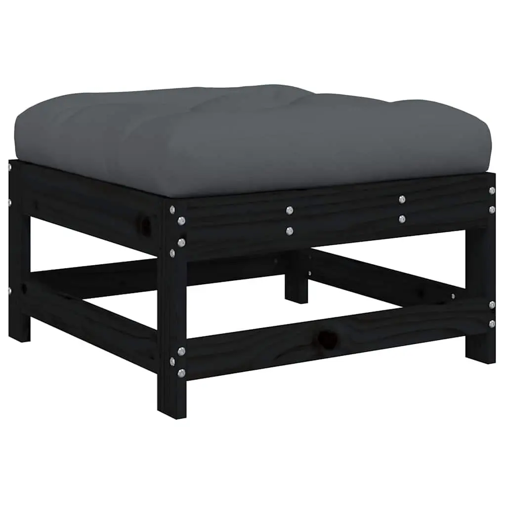 Garden Footstool with Cushion Black Solid Wood Pine Outdoor Seating Patio