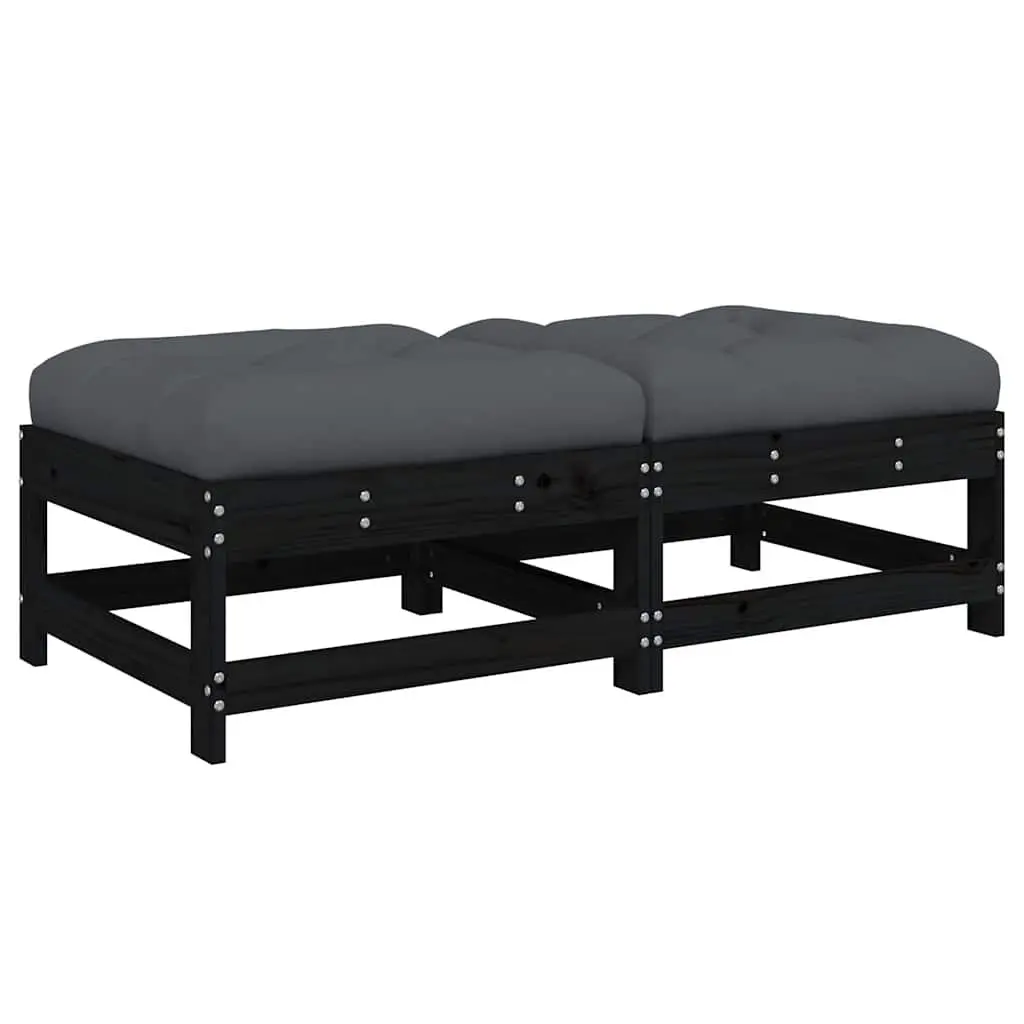 Outdoor Garden Footstools with Cushions Set of 2 Black Wood Patio Seating