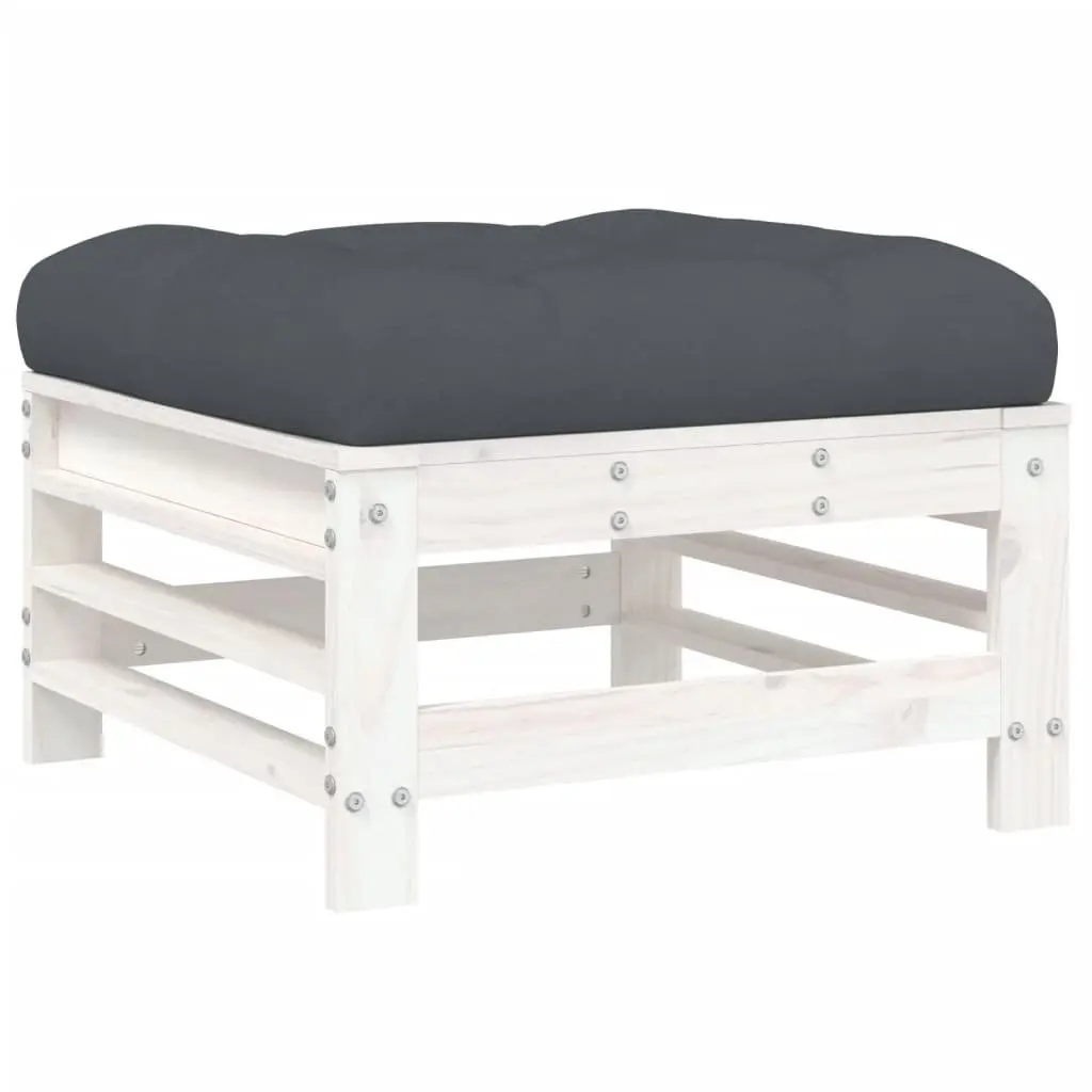 Pine Wood Garden Footstool Slatted White with Cushion Outdoor Patio Seating