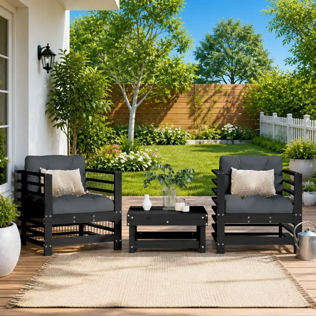Outdoor Garden Chairs Wooden 2 pcs Black with Cushions