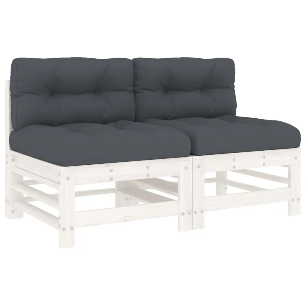 Outdoor Middle Sectional Sofa 2 pcs White Wood Cushions Garden Patio Furniture