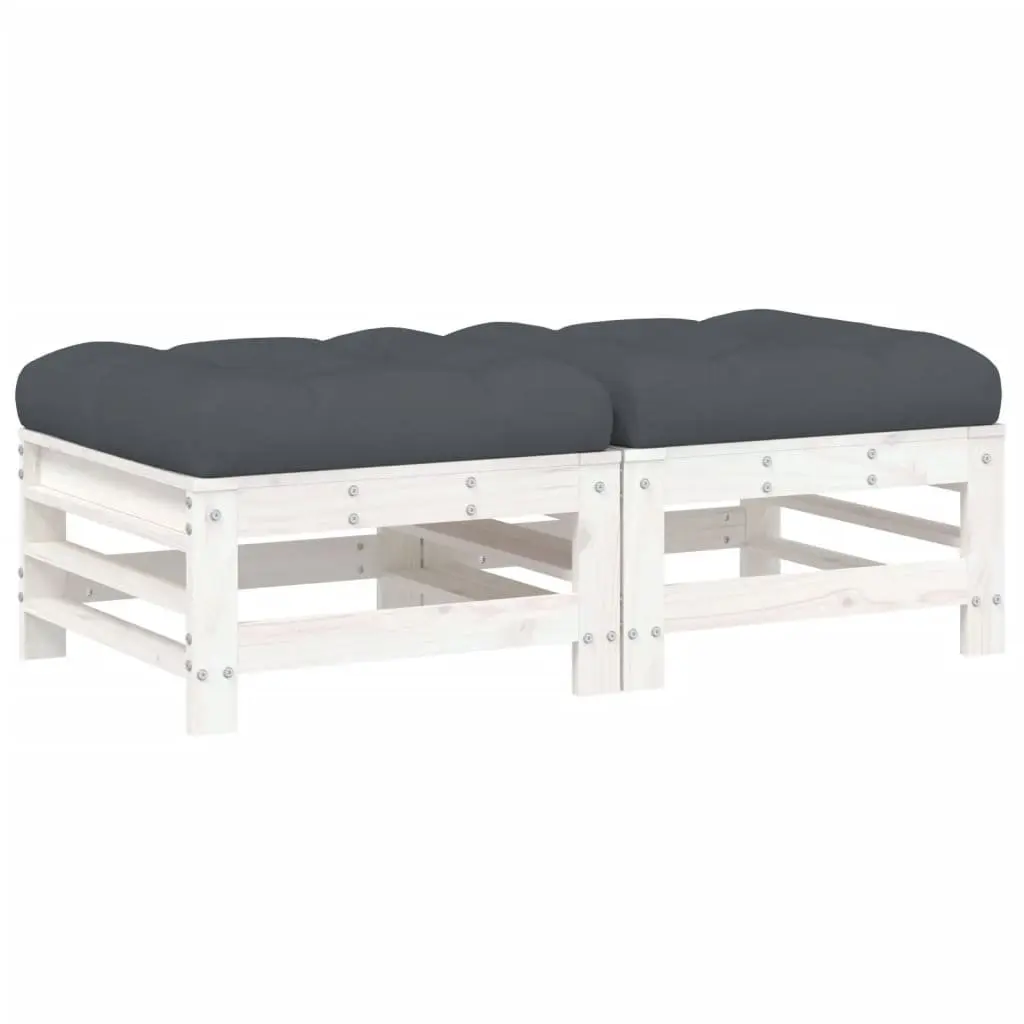 Outdoor Garden Footstools with Cushions White Solid Wood Pine Patio Seating 2pcs
