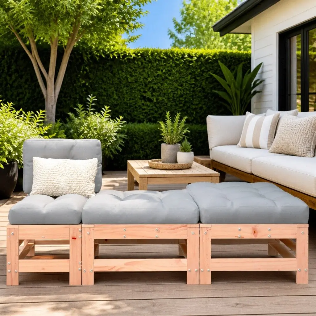Garden Footstools Solid Douglas Wood 2pcs Cushioned Outdoor Seating Brown
