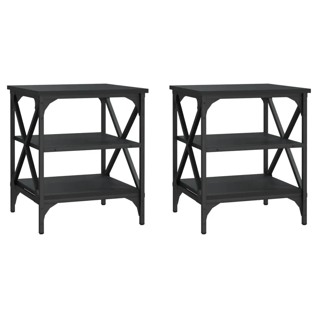 End Tables Engineered Wood and Steel Frame 40x42x50cm Black 2 Piece Industrial Style Storage Side Tables