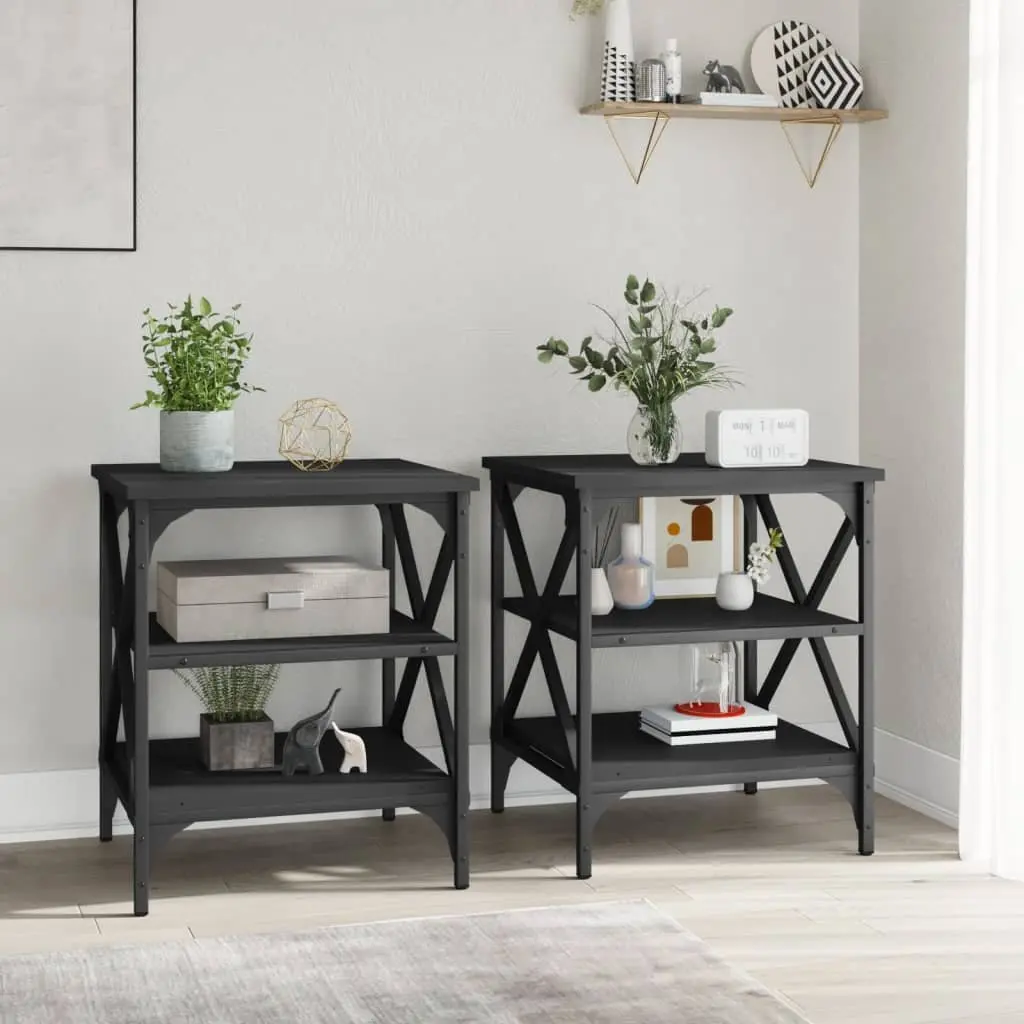 End Tables Engineered Wood and Steel Frame 40x42x50cm Black 2 Piece Industrial Style Storage Side Tables