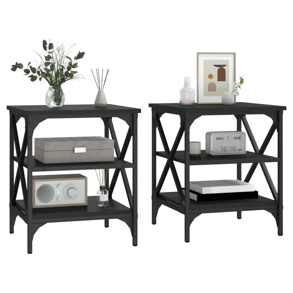 End Tables Engineered Wood and Steel Frame 40x42x50cm Black 2 Piece Industrial Style Storage Side Tables