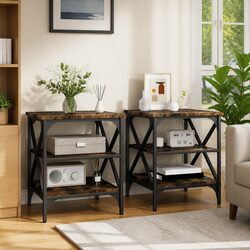 End Tables 2 pcs Brown Industrial Side Table Engineered Wood Storage Furniture