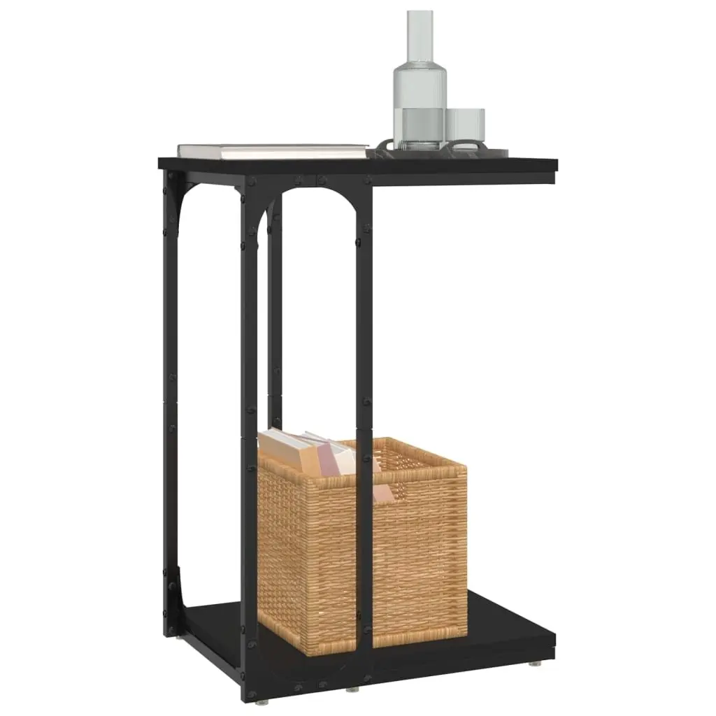 C-Shape Black Engineered Wood End Table with Steel Frame Living Room Storage