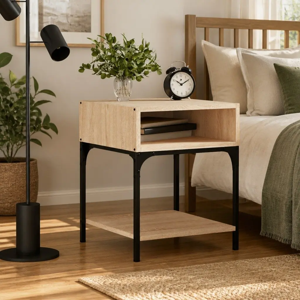Bedside Table Engineered Wood Brown Nightstand Storage Cabinet
