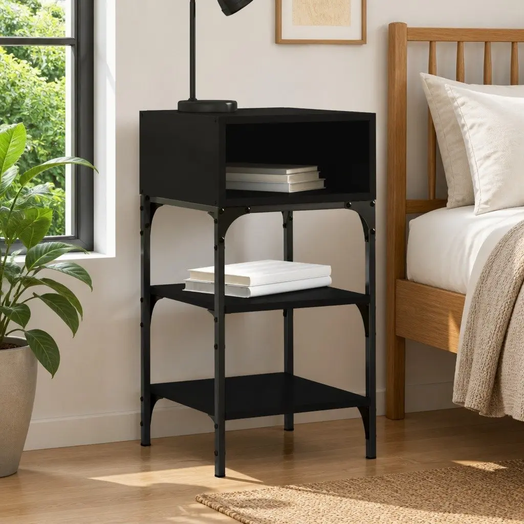 Black Nightstand Engineered Wood 35x34.5x70cm Storage Cabinet with Adjustable Feet