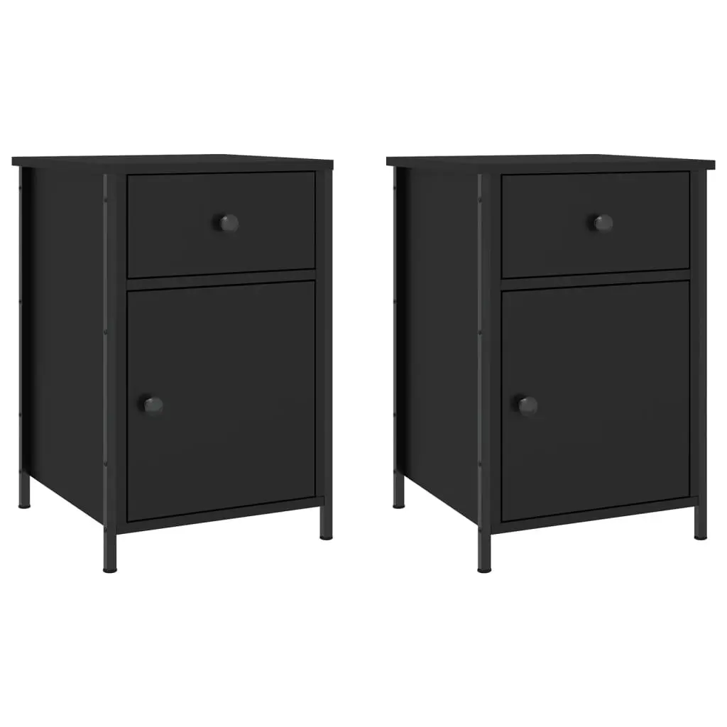 Black Bedside Tables 2 Piece Engineered Wood Storage Nightstand 40x42x60 cm