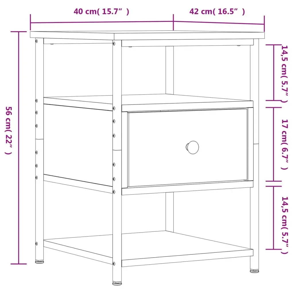 2 Piece Nightstand Table Grey Engineered Wood Iron Frame Storage 40x42x56 cm