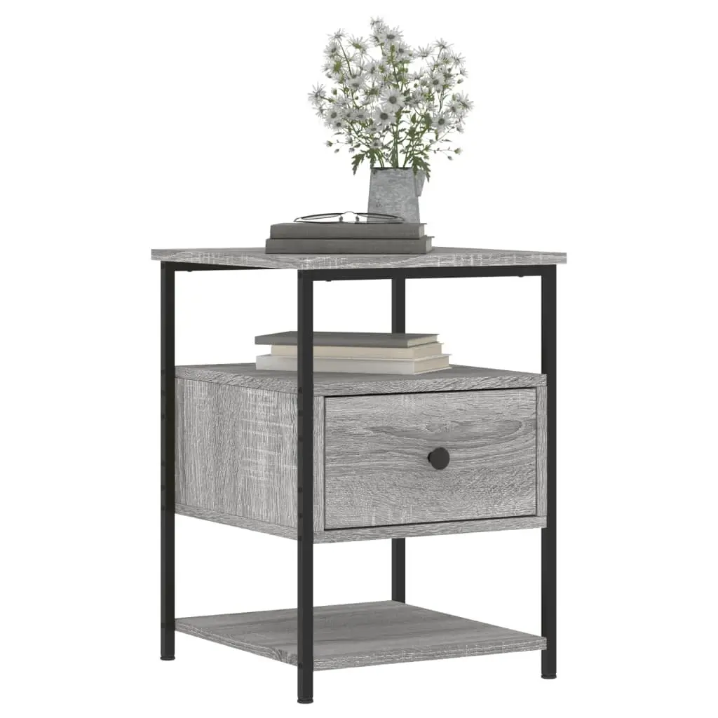 2 Piece Nightstand Table Grey Engineered Wood Iron Frame Storage 40x42x56 cm