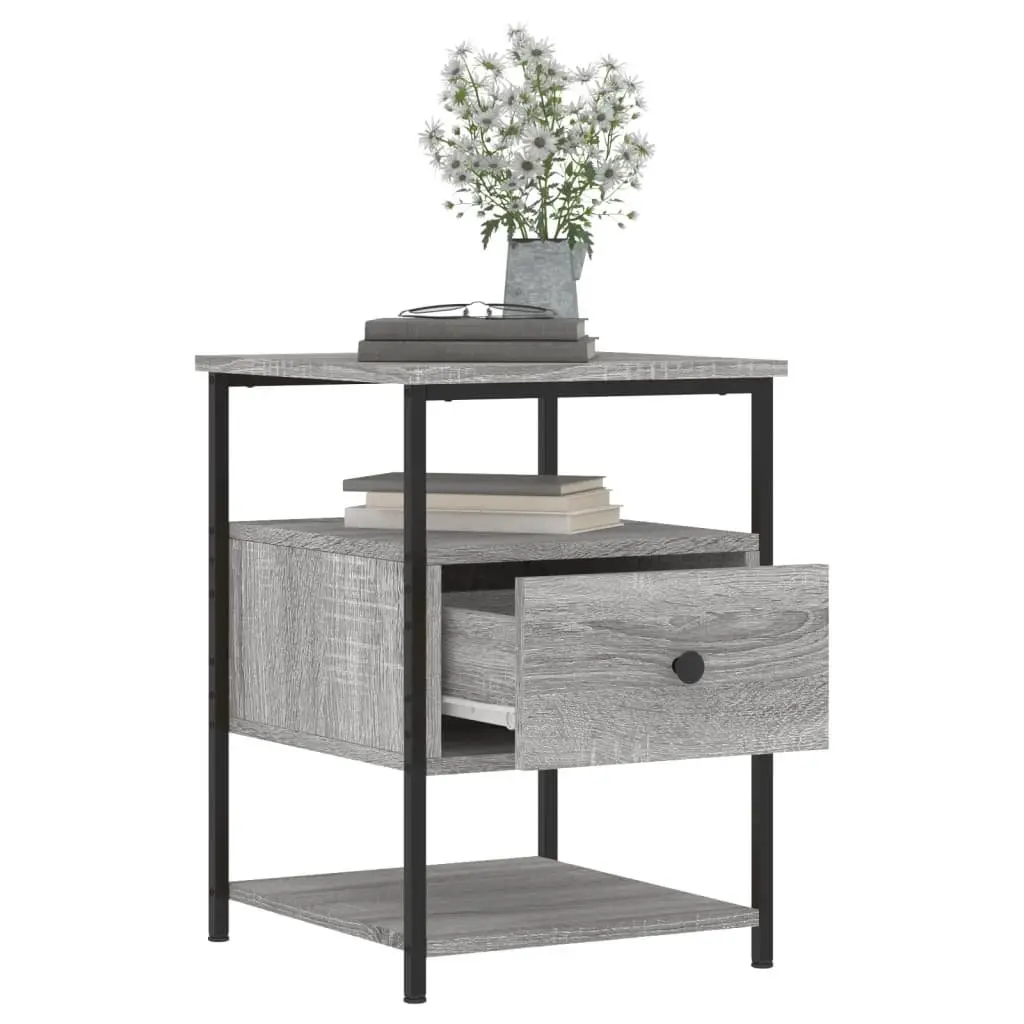 2 Piece Nightstand Table Grey Engineered Wood Iron Frame Storage 40x42x56 cm