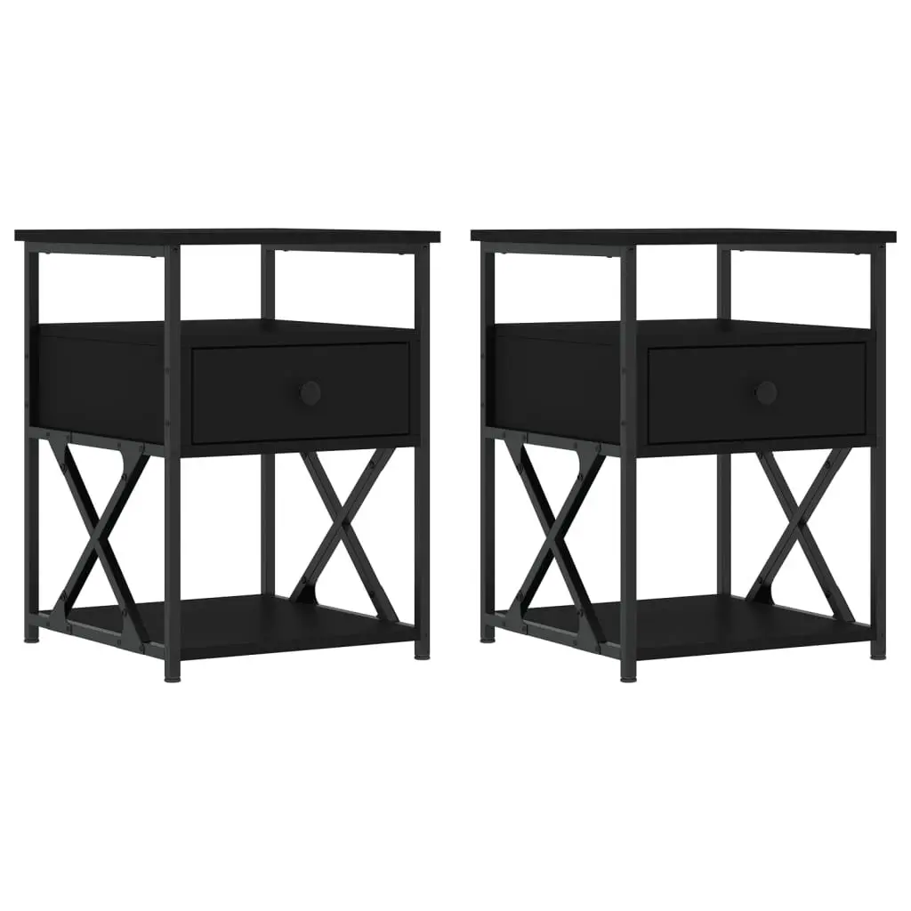 Bedside Cabinets Engineered Wood Iron Frame 40x42x55 cm Black 2 Piece Storage Nightstand Bedroom Furniture