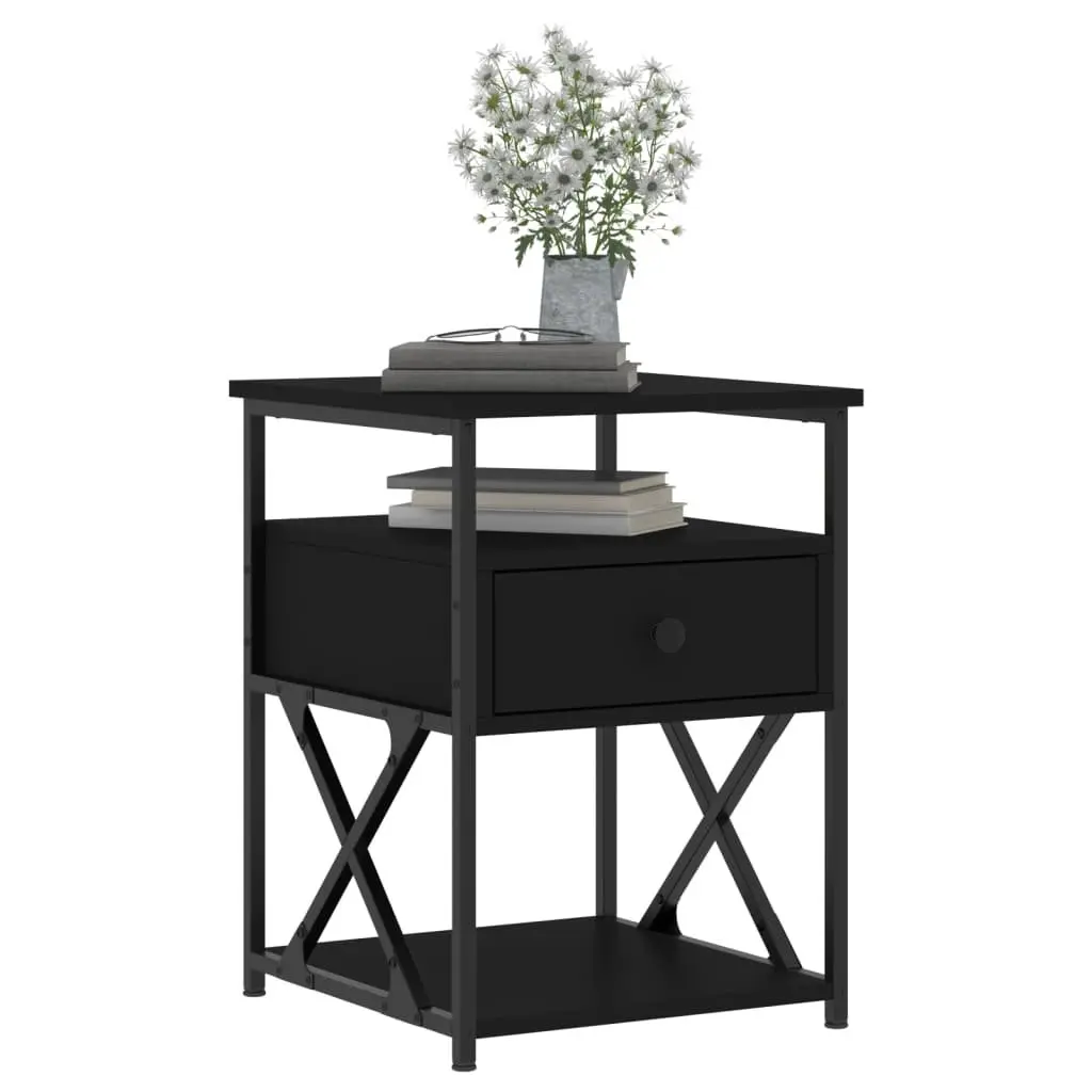 Bedside Cabinets Engineered Wood Iron Frame 40x42x55 cm Black 2 Piece Storage Nightstand Bedroom Furniture
