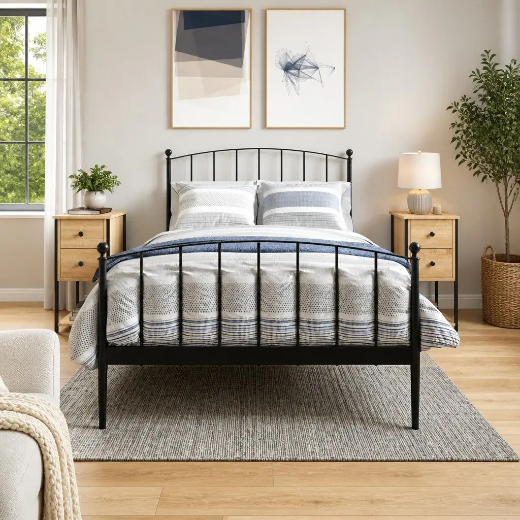 Brown Engineered Wood Bedside Tables 2 Piece Storage Nightstands with Sturdy Iron Frame for Bedroom or Living Room