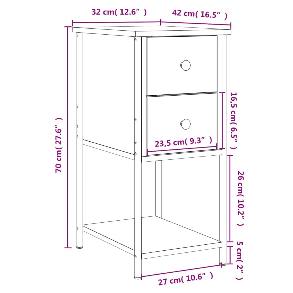Brown Engineered Wood Bedside Tables 2 Piece Storage Nightstands with Sturdy Iron Frame for Bedroom or Living Room