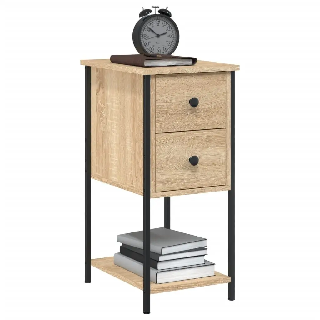 Brown Engineered Wood Bedside Tables 2 Piece Storage Nightstands with Sturdy Iron Frame for Bedroom or Living Room