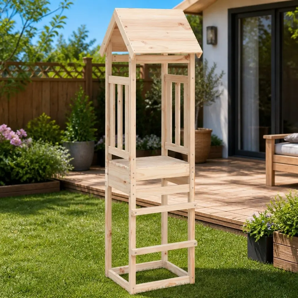 Wooden Play Tower Solid Pine 52.5x46.5x206.5cm Brown Outdoor Playhouse Garden
