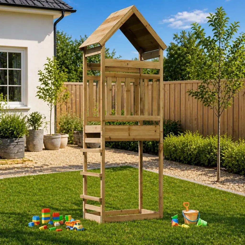Wooden Outdoor Play Tower Solid Pinewood Brown Rustic Climbing Structure