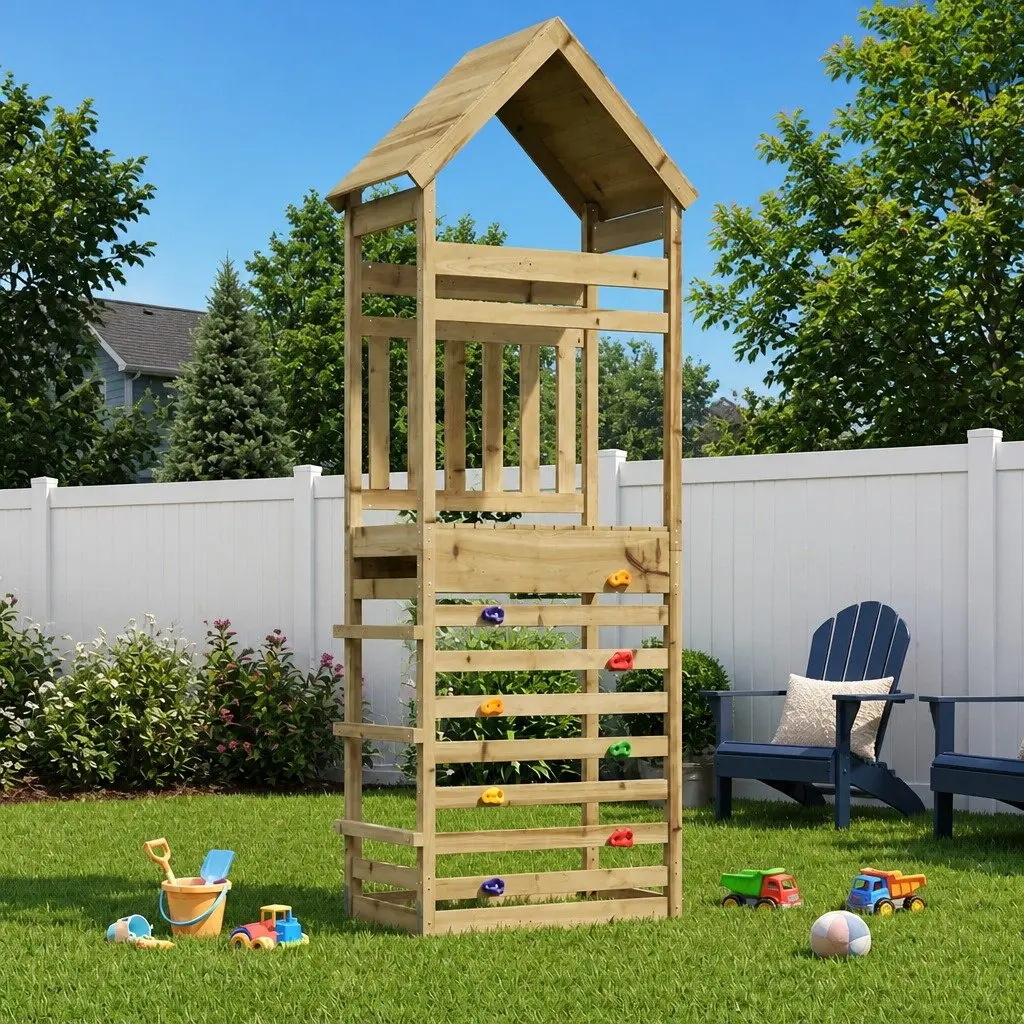 Outdoor Play Tower Wooden Structure Brown Climbing Slide Shaded Roof for Kids Backyard Fun