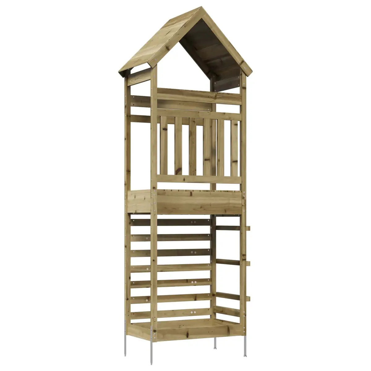 Outdoor Play Tower Wooden Structure Brown Climbing Slide Shaded Roof for Kids Backyard Fun