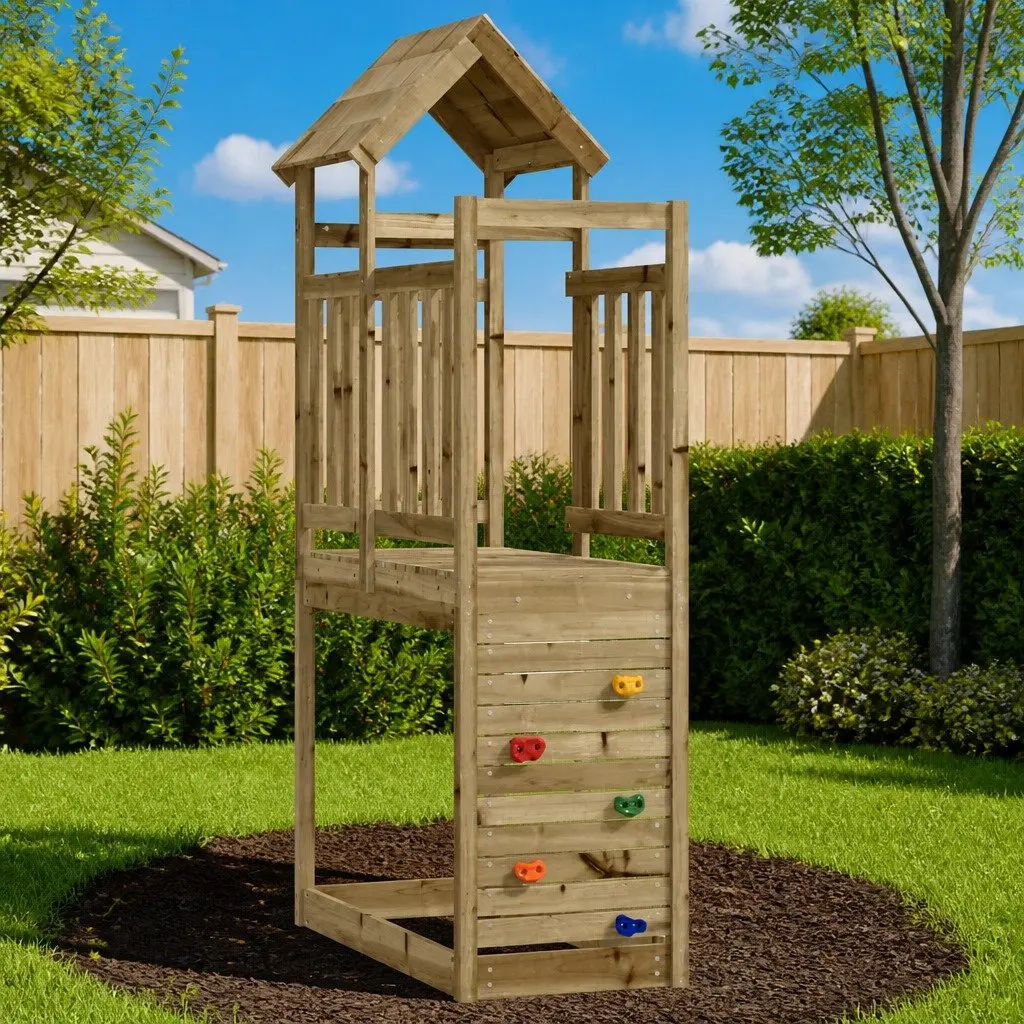 Wooden Play Tower with Rockwall Climbing Impregnated Pinewood 53x110.5x214cm Brown