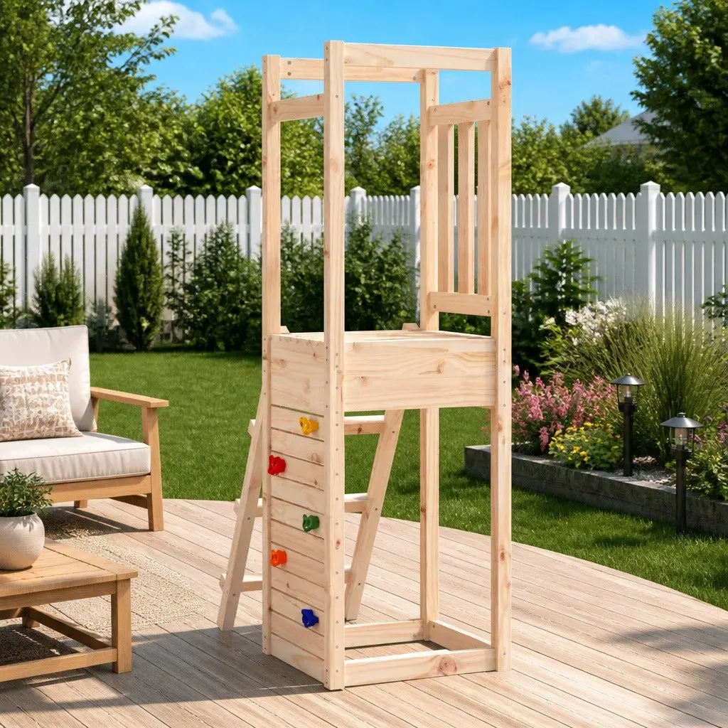 Wooden Outdoor Playset Solid Pine Wood 53 x 46.5 x 169 cm Brown with Rockwall and Ladder