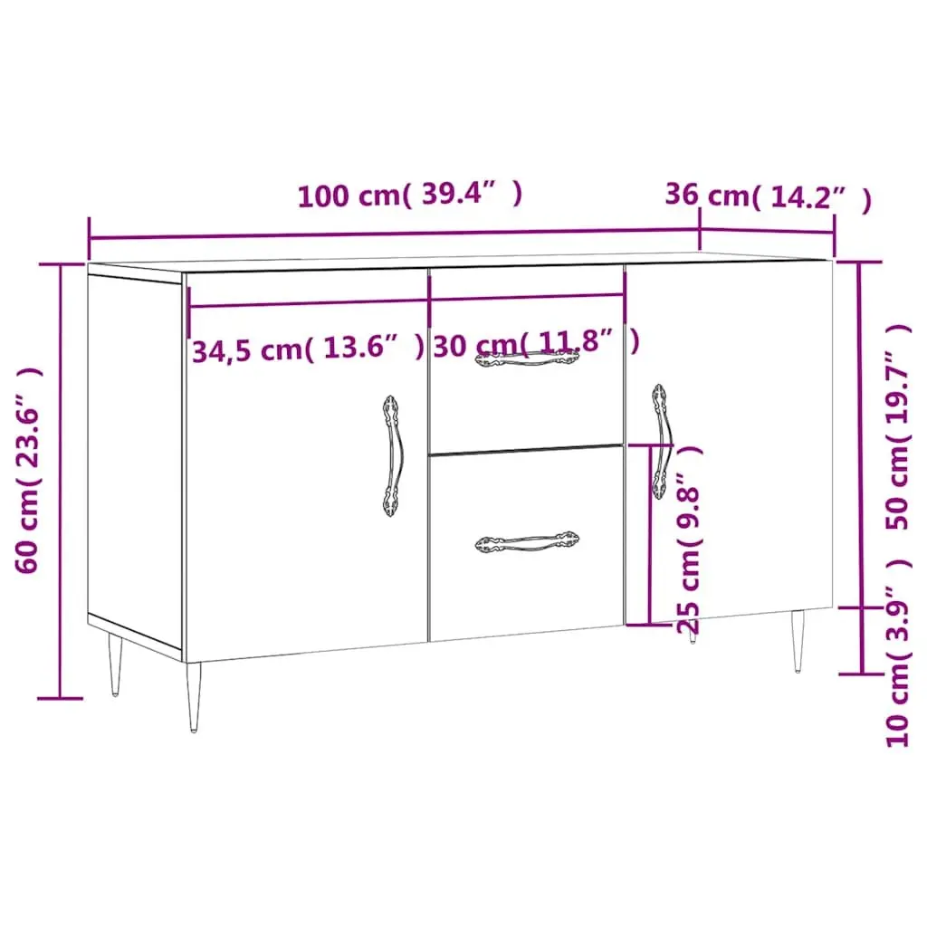 Sideboard Engineered Wood White Storage Cabinet with Metal Legs 100 x 36 x 60 cm