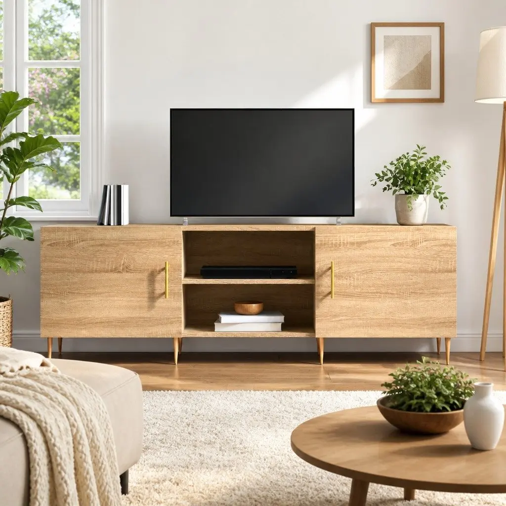 TV Stand Engineered Wood Storage Unit 150x30x50 cm Brown with 4 Compartments and Iron Legs